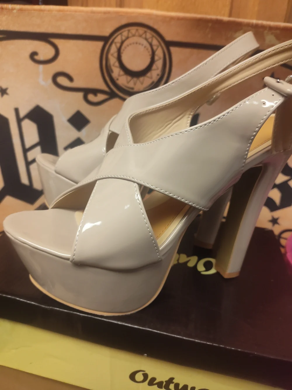 Beige Patent Platform Slingback Heels